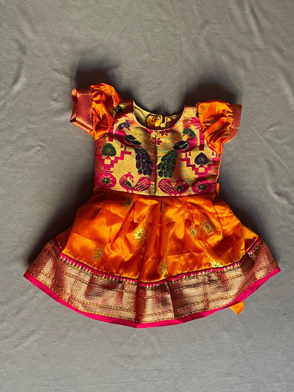 Girl's premium orange Paithani frock with pink border