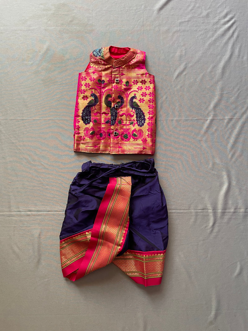 Boy's blue premium Paithani with pink border dhoti and jacket