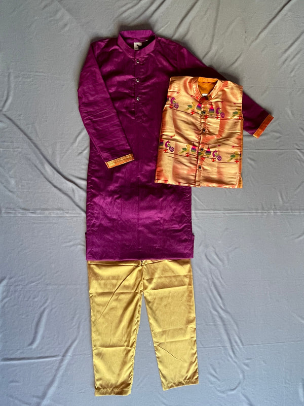Boy's premium Purple(wine) Paithani kurta with golden pyjama and jacket