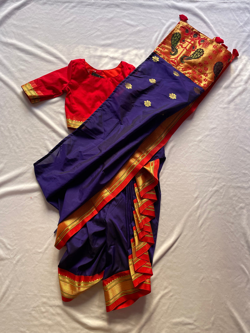 Girl's premium purple blue mastani Paithani Nauvari Saree with blouse
