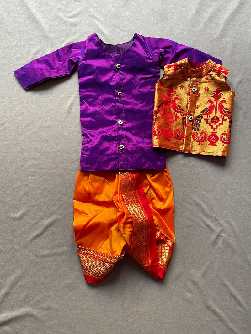 Boy's purple premium Paithani with red border dhoti kurta with jacket