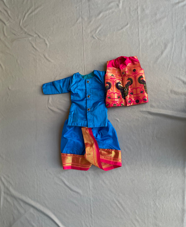 Boy's blue premium Paithani with pink border dhoti kurta with jacket