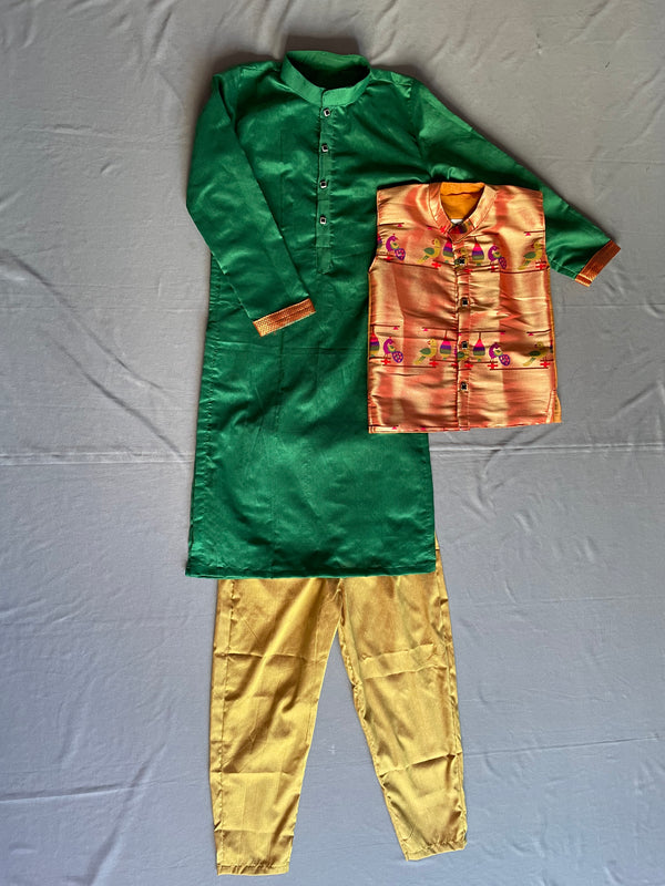 Boy's premium green Paithani kurta with golden pyjama and jacket