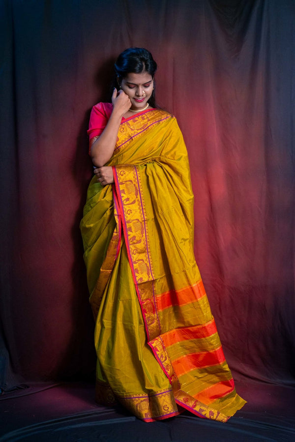 Mustard Green Cotton Silk Ilkal Saree with Elephant Border - WEAR COURAGE