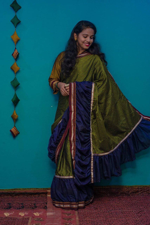 Mustard green khunn saree with blue ruffle border - WEAR COURAGE