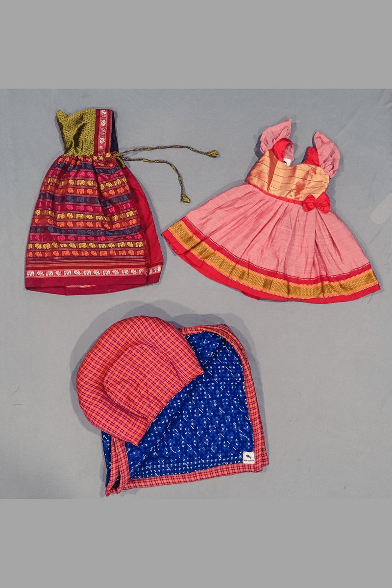New Born Baby Set of Kunchi, Pink Ilkal Frock, Godhadi Quilt and Cotton Pillow - WEAR COURAGE