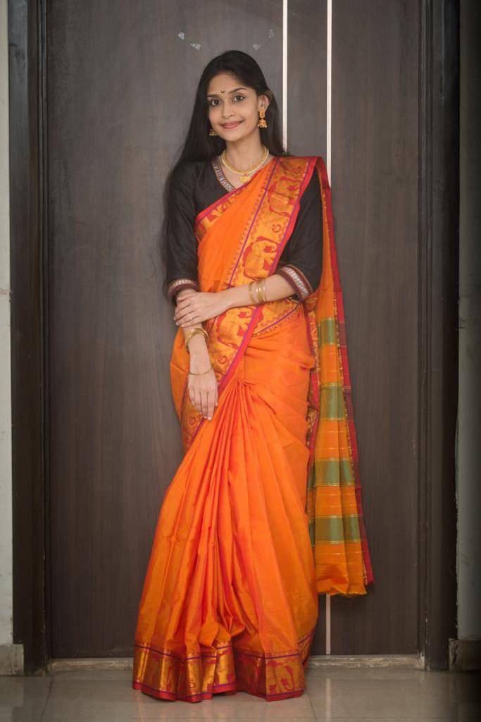 Orange cotton silk ilkal saree - WEAR COURAGE