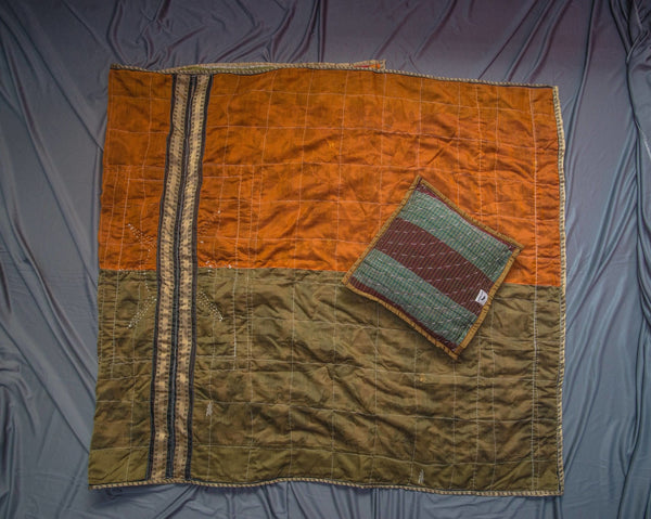 Orange-Green Godhadi Quilt with Hand stitch Godhadi art cushion cover combo - WEAR COURAGE