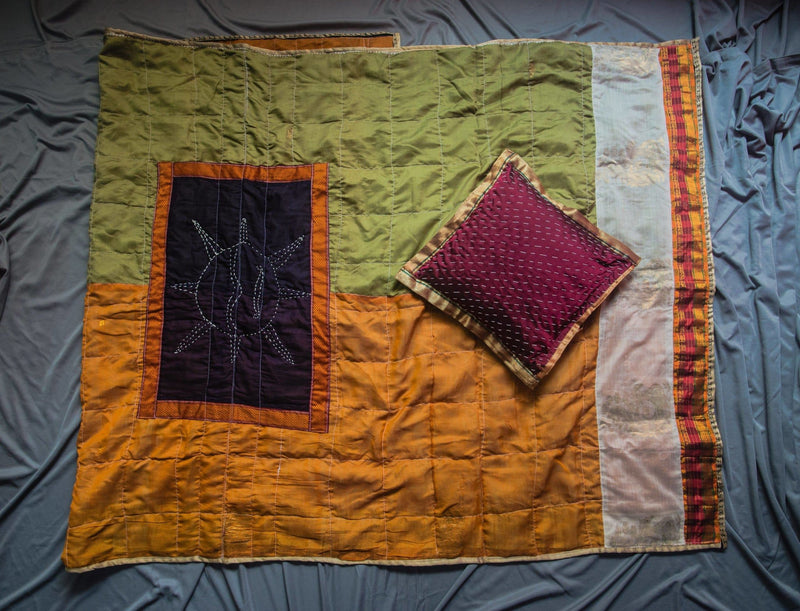 Orange-Green Godhadi Quilt with Hand stitch Godhadi art Maroon cushion cover combo - WEAR COURAGE