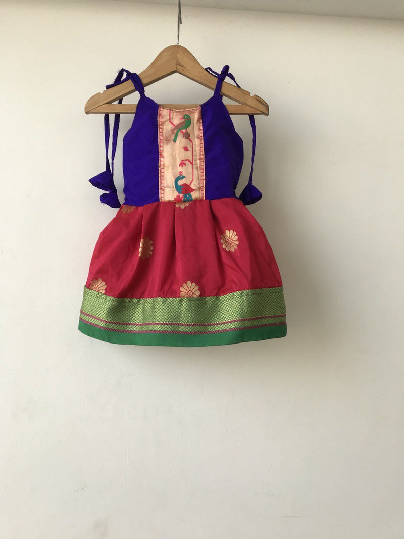 Pink and blue Paithani frock with tieups (spaghetti) - WEAR COURAGE