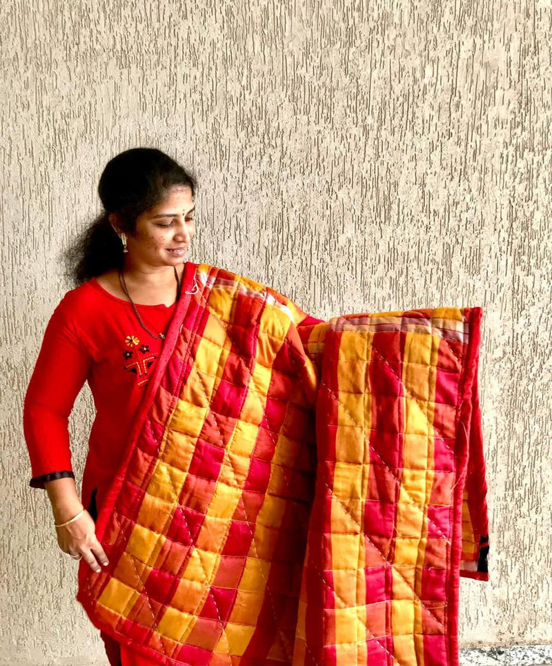 Red and yellow multicolor Quilt with Hand stitch Godhadi (quilt) art - WEAR COURAGE