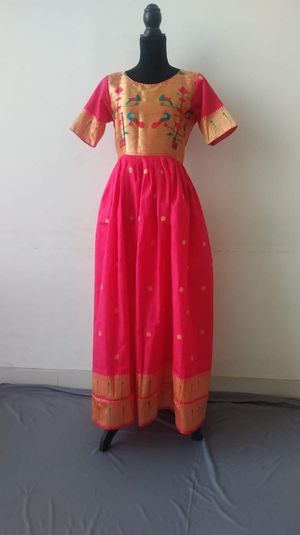 Women's pink Paithani Gown with big golden border - WEAR COURAGE