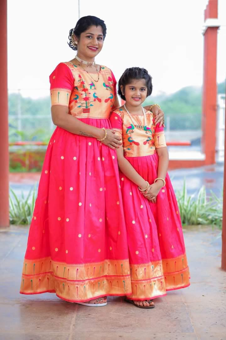 womens pink paithani gown with big golden border