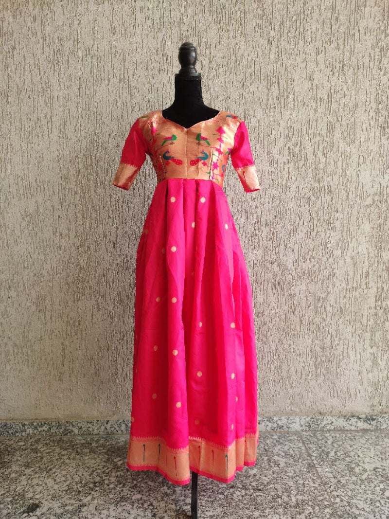 Women's pink Paithani Gown with golden border - WEAR COURAGE