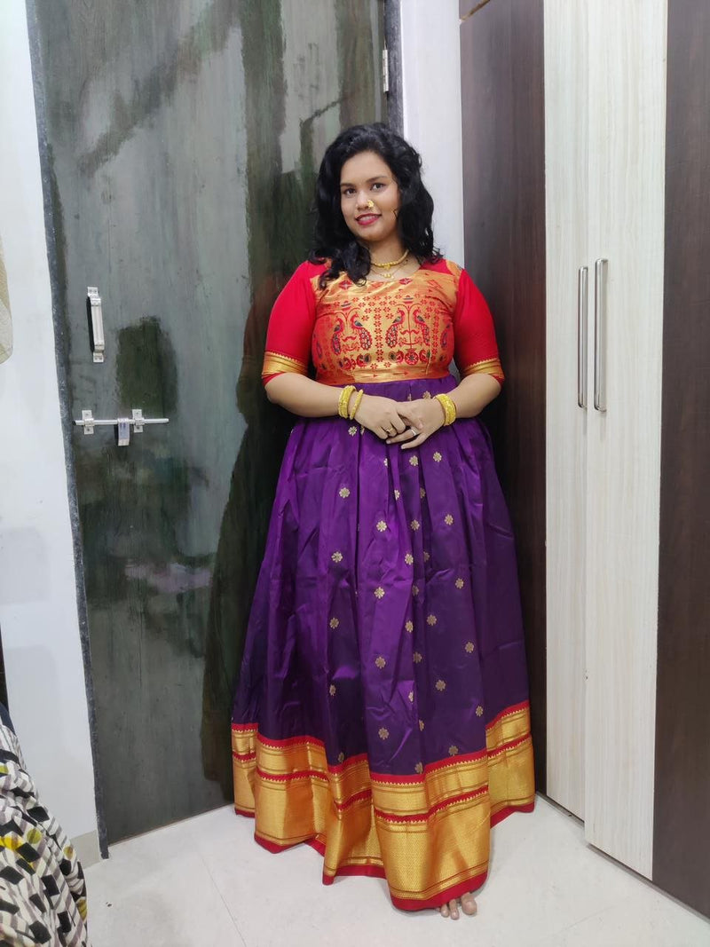 Latest Paithani Hornbill Frock Style Gown 2023 FrockLong gownPink   Shivangi  Pattu pavadai  Half Saree Shop