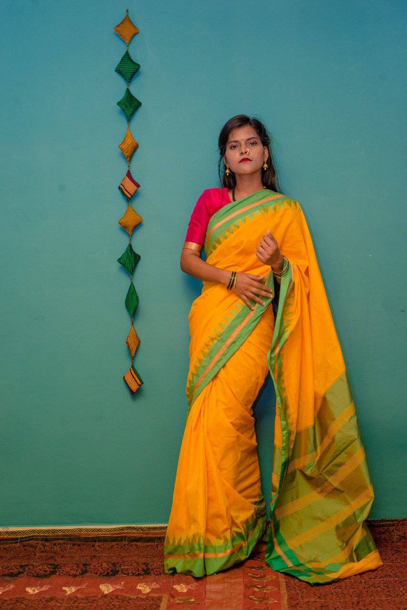 Yellow cotton silk ilkal saree with green border - WEAR COURAGE
